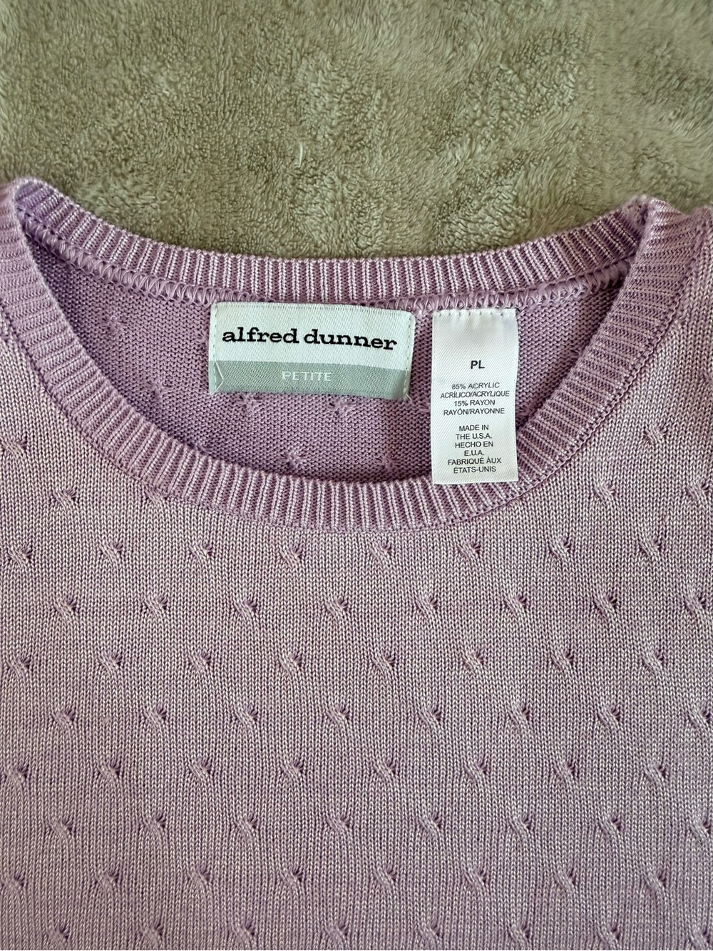 ALFRED DUNNER Pointelle Textured Short Sleeve Sweater | Lilac Lavender‎ |  Large - Picture 5 of 7